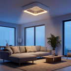 Aeris ceiling fan in a low ceiling living room at blue hour