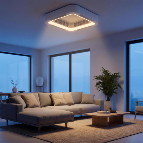 Aeris ceiling fan in a low ceiling living room at blue hour