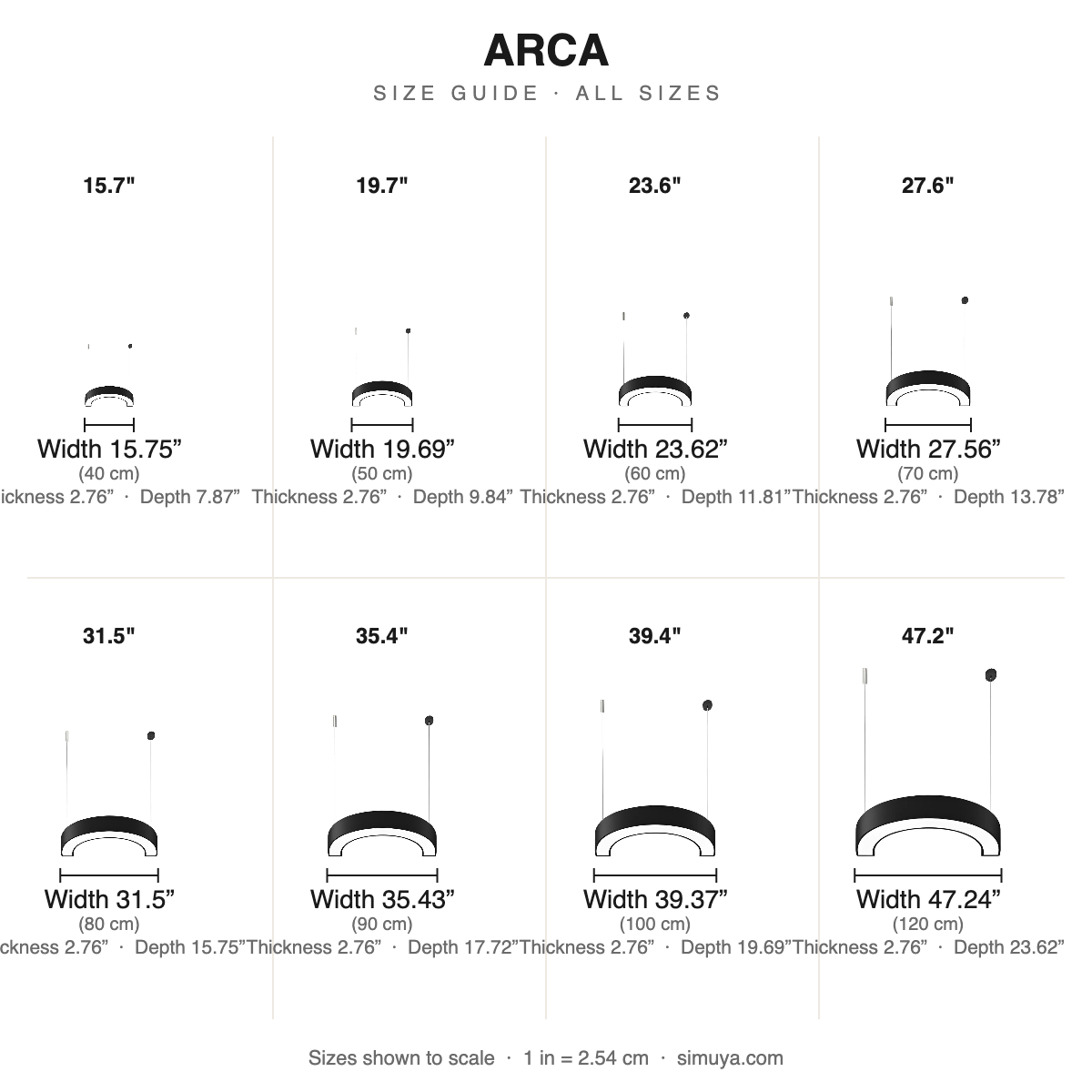Arca C-Shaped LED Pendant Light Modern size chart all sizes with dimensions