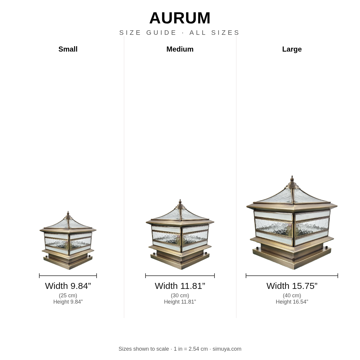 Aurum size guide, all sizes shown to scale with dimensions