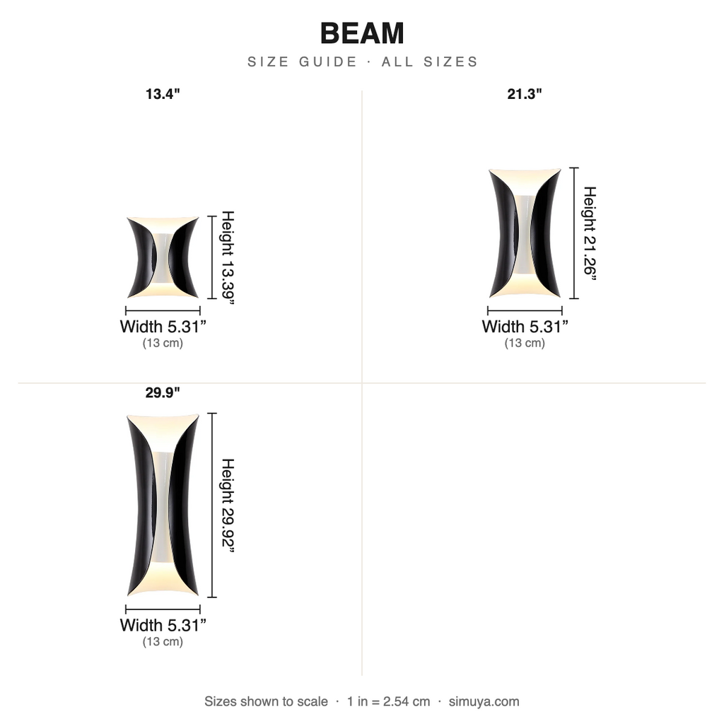 Beam Indoor Up Down Wall Light size chart all sizes with dimensions