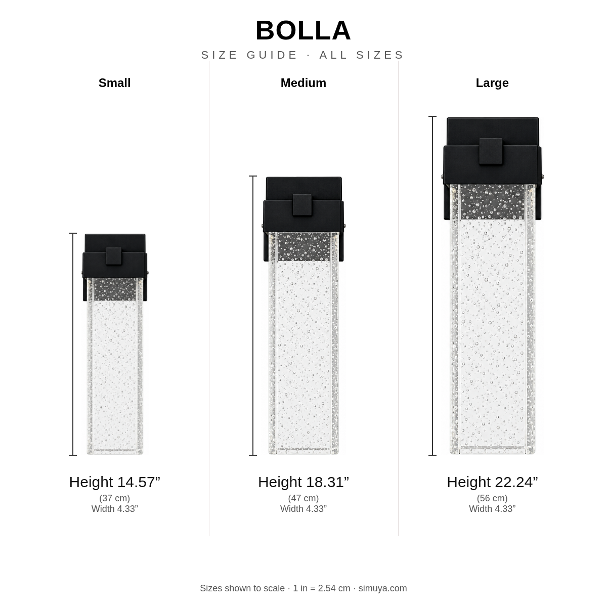 Bolla size guide, all sizes shown to scale with dimensions