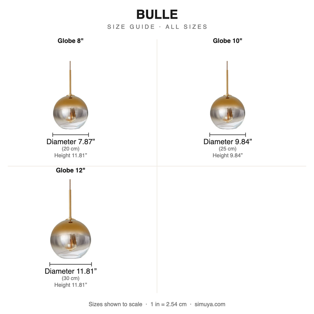 Bulle Glass Globe Pendant Light Modern size chart all sizes with dimensions