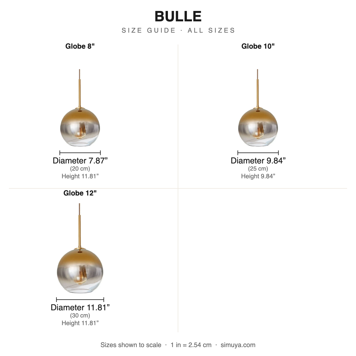 Bulle Glass Globe Pendant Light Modern size chart all sizes with dimensions
