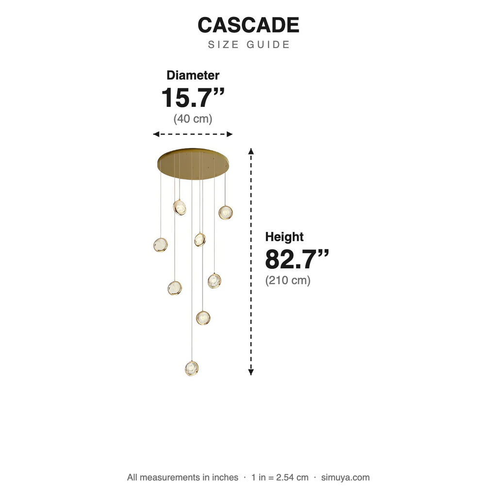 Cascade Crystal Globe Staircase Chandelier Long size guide with dimensions