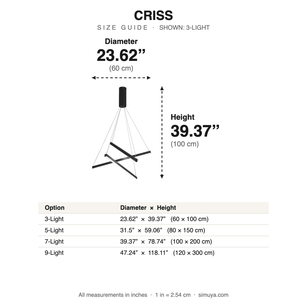 Criss Linear LED Chandelier Modern Black size guide with dimensions