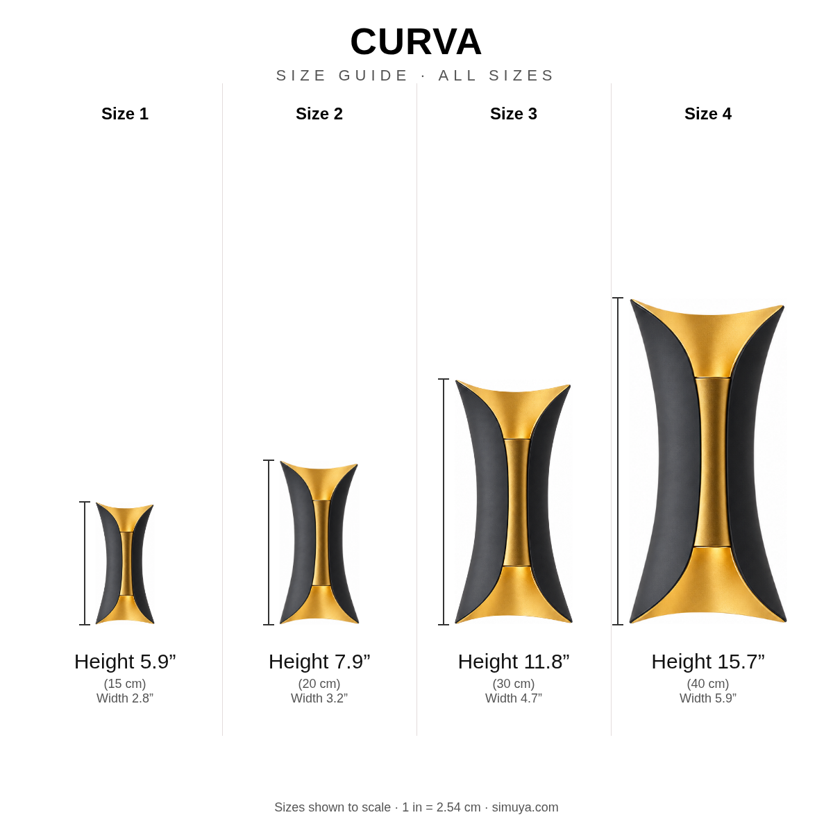 Curva size guide, all sizes shown to scale with dimensions