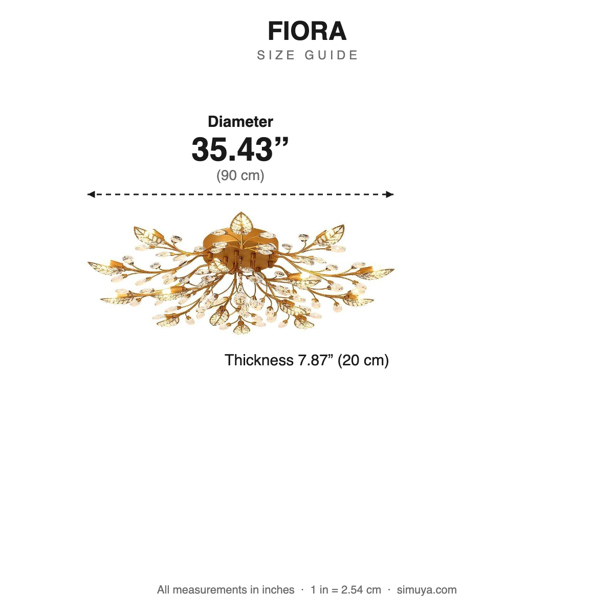 Fiora Brass Branch Crystal Chandelier with size guide with dimensions