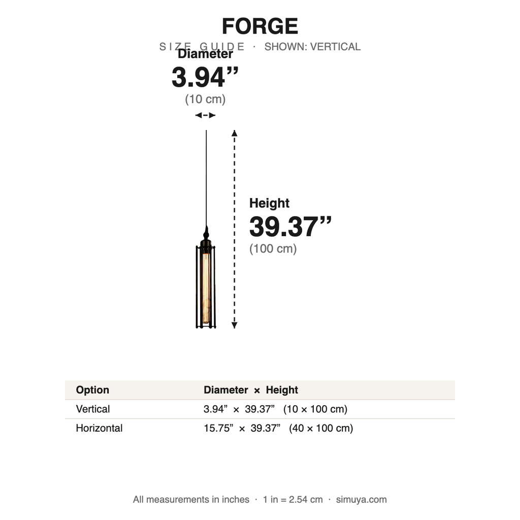 Forge Industrial Tube Pendant Light Vintage size guide with dimensions