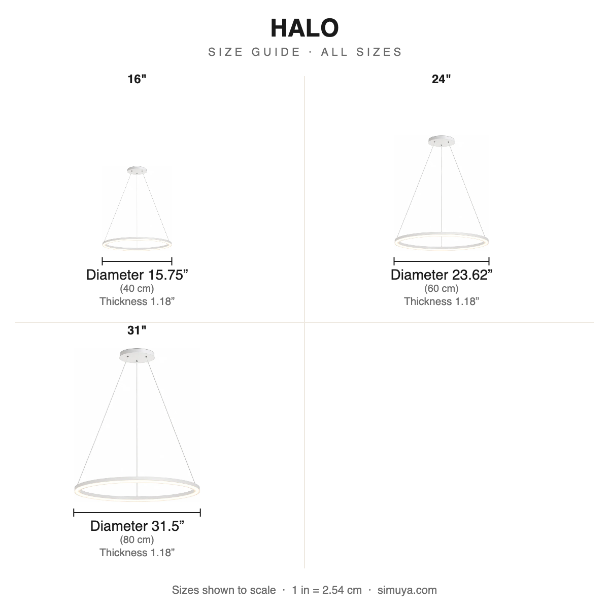 Halo LED Ring Chandelier Modern Round size chart all sizes with dimensions