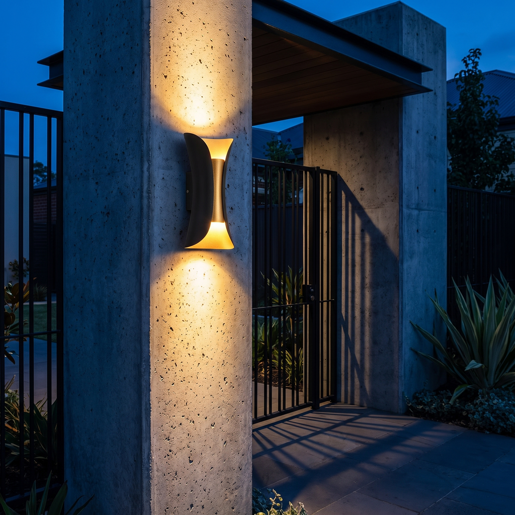 Arco sconce on a concrete pillar at a gated entrance at dusk