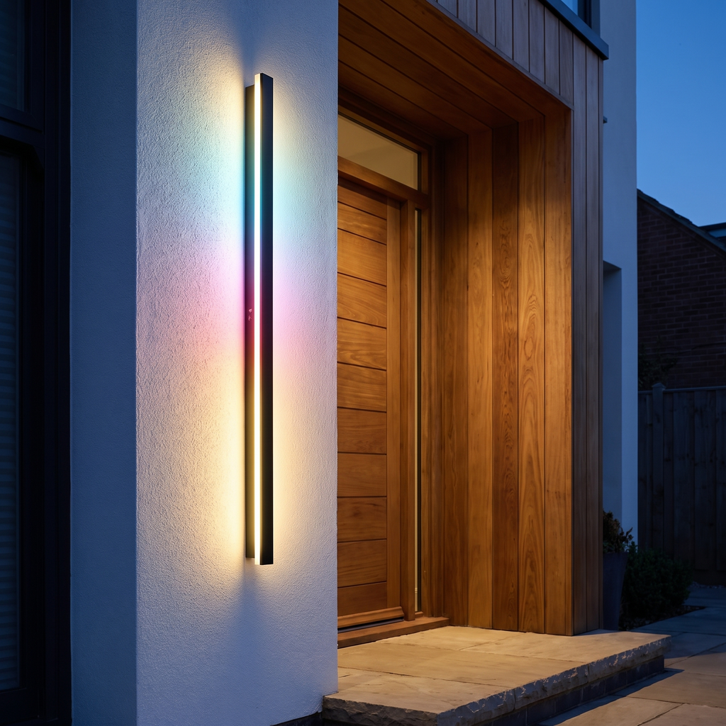 Lumea wall light beside a timber front door at dusk