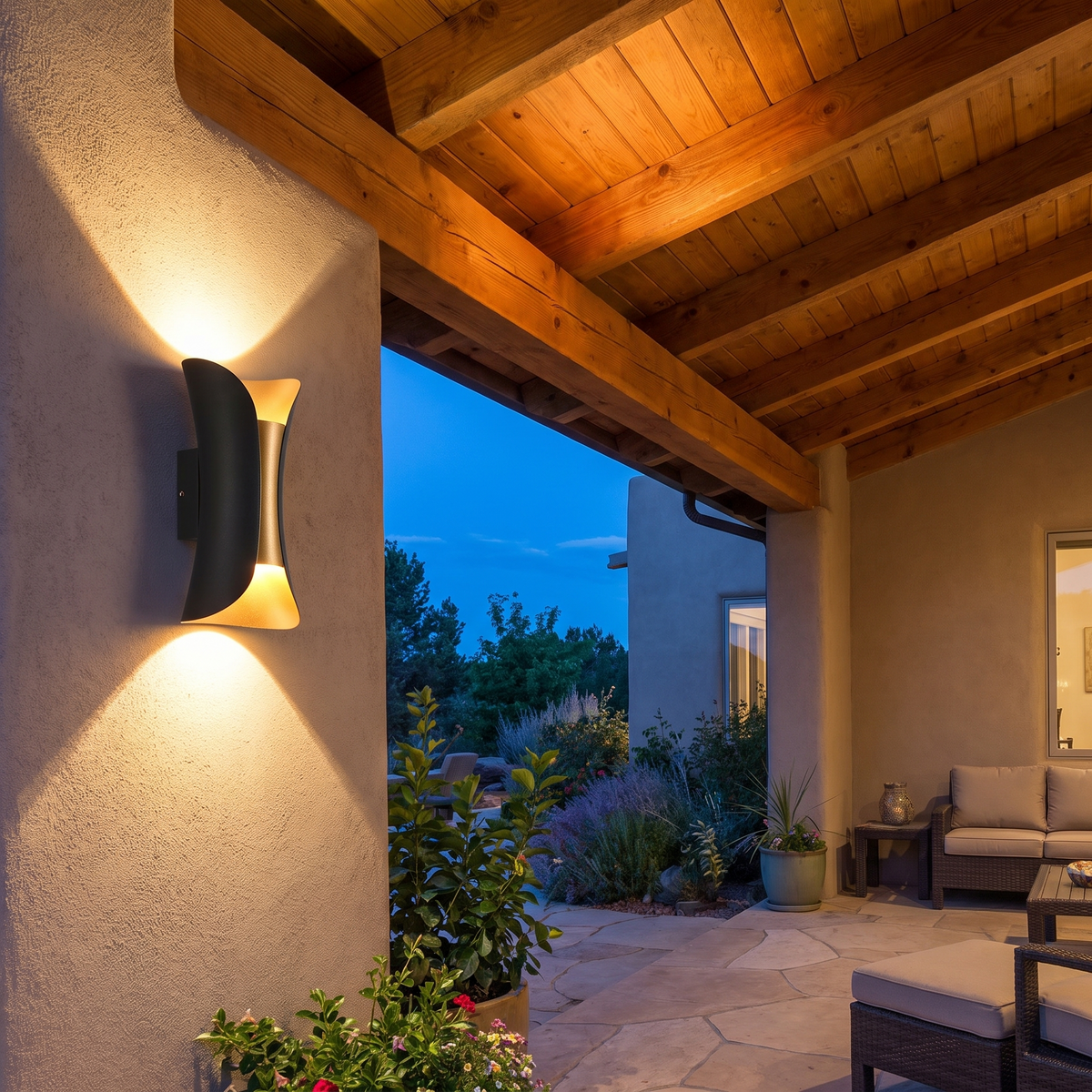 Arco sconce under a timber eave beside a patio at dusk
