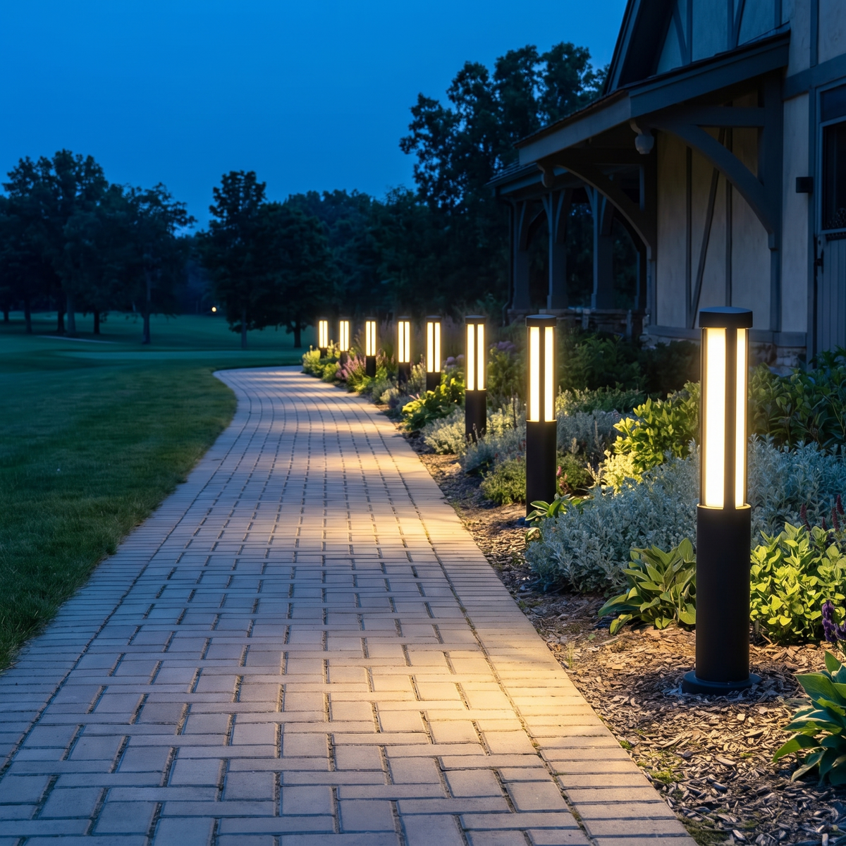 Nordal bollard lights lining a stone garden path at blue hour