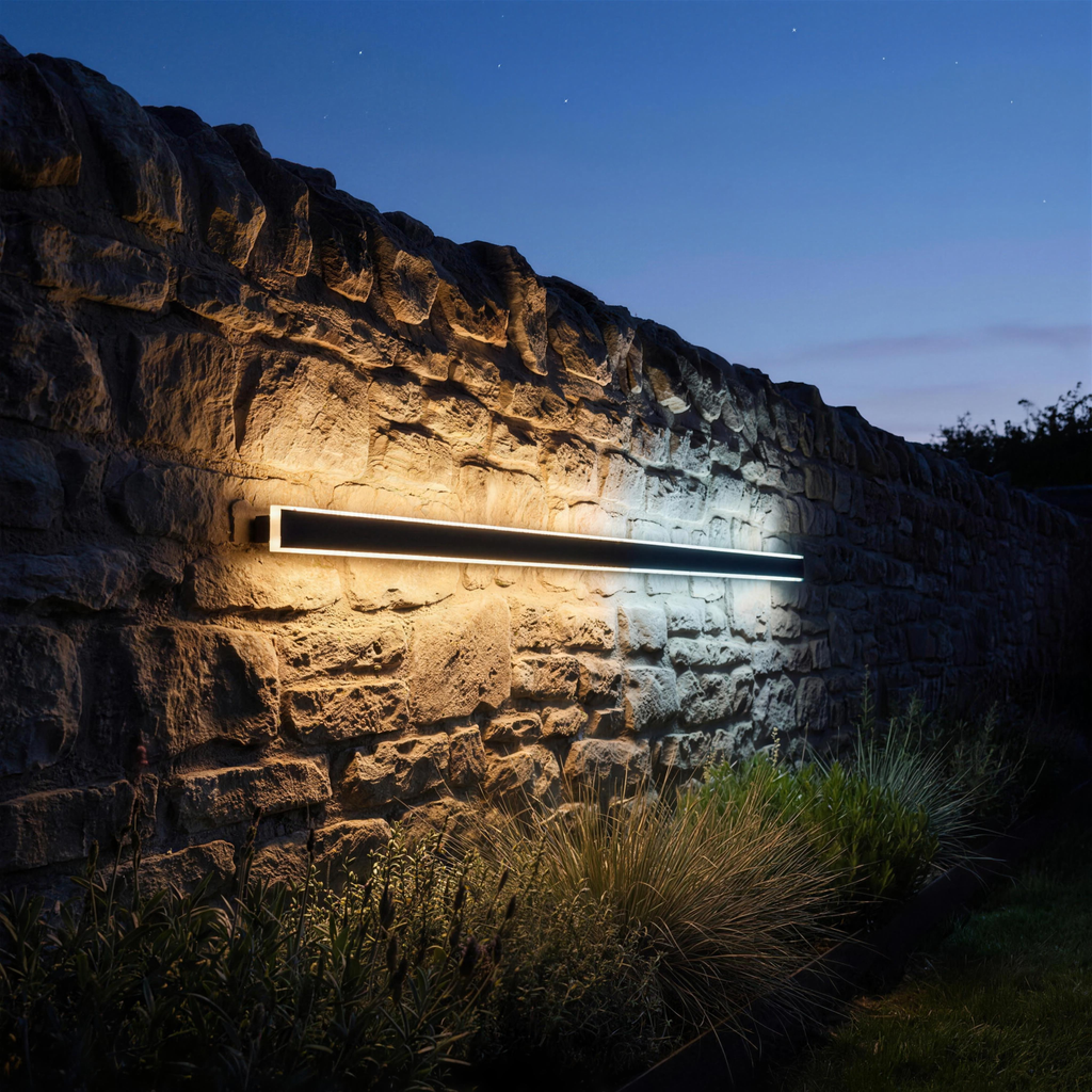 Lumea wall light on a stone garden wall at dusk