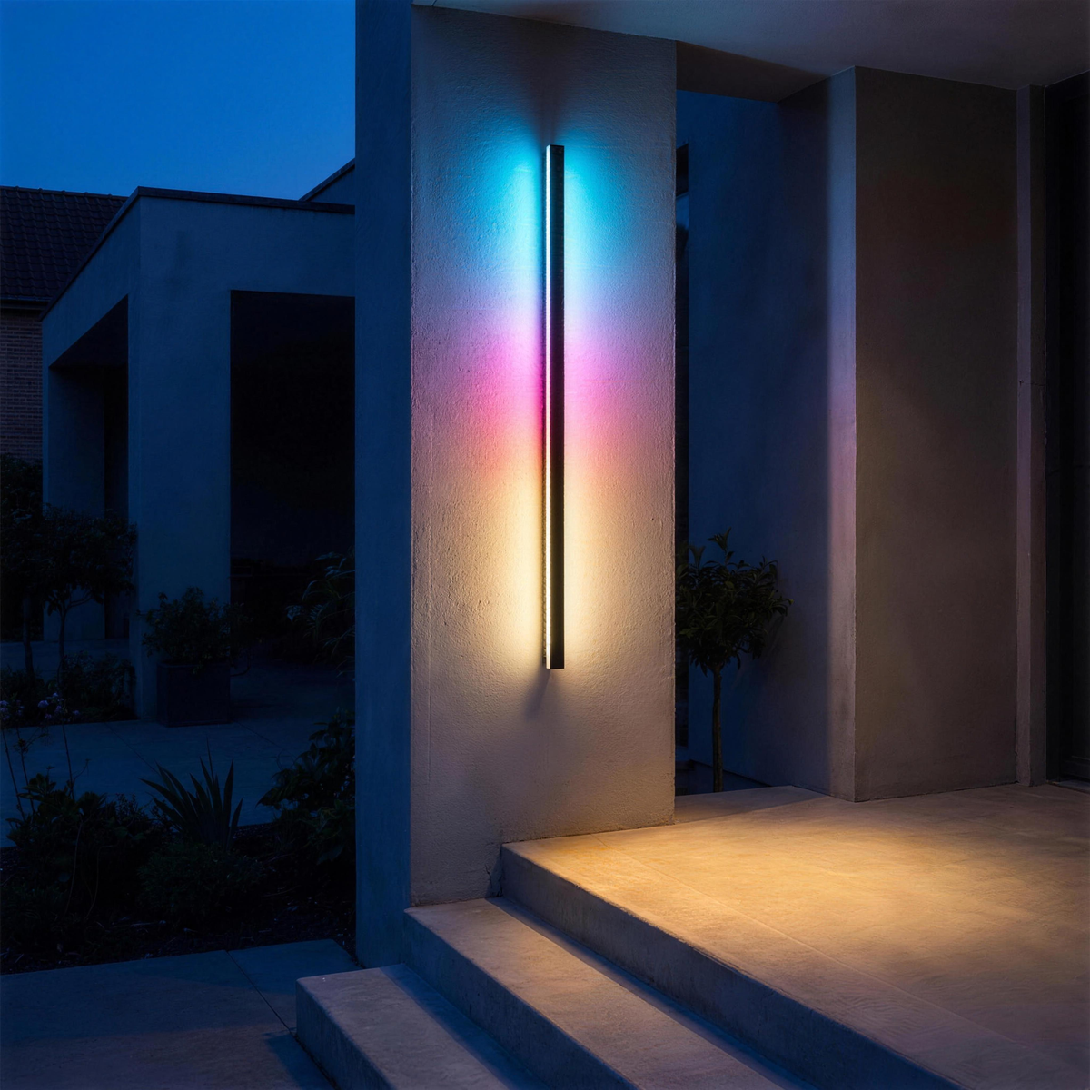 Lumea wall light on a modern porch at blue hour