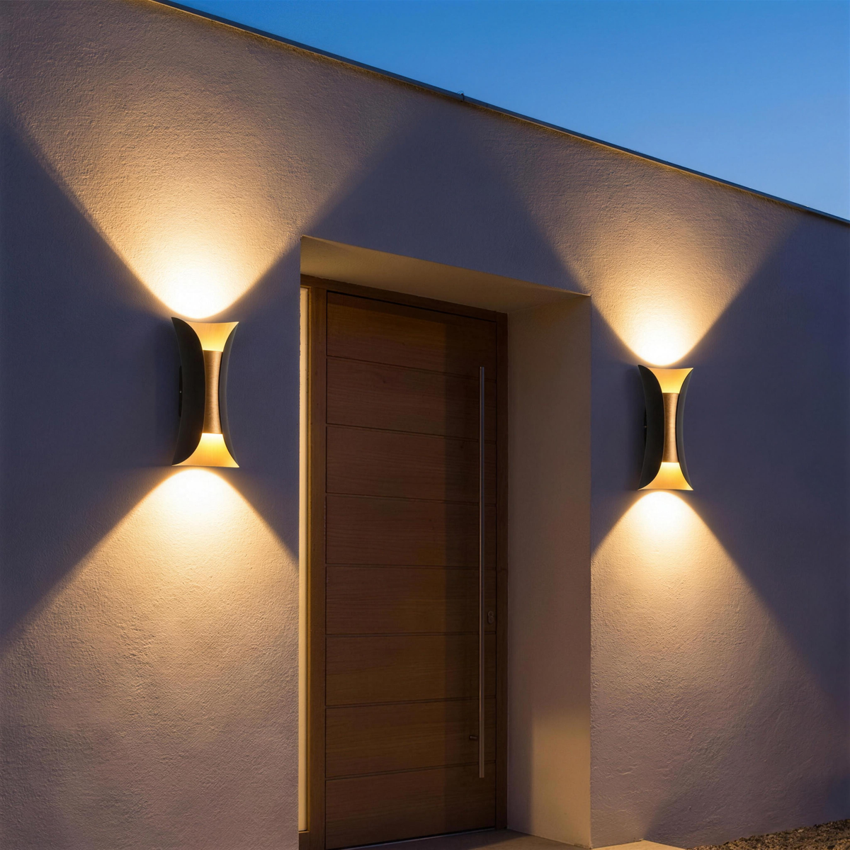 Arco sconces flanking a modern front door at dusk