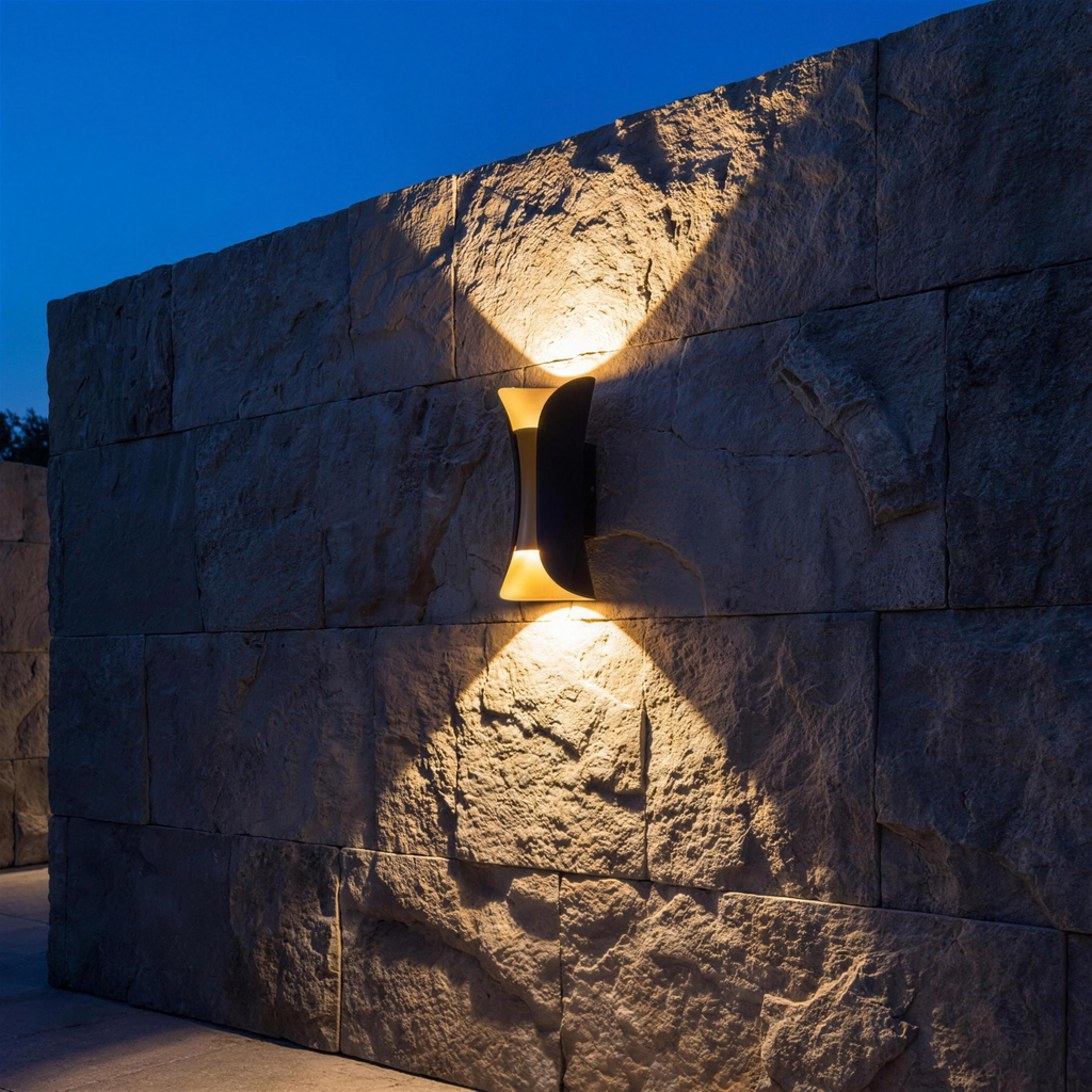 Arco sconce on a stone garden wall at blue hour