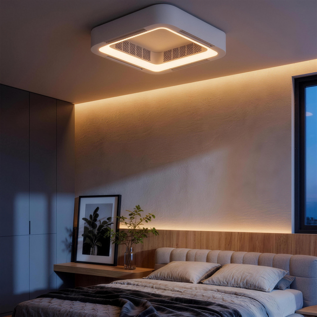 Aeris ceiling fan in a calm bedroom at dusk
