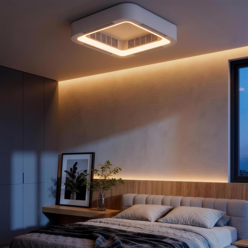 Aeris ceiling fan in a calm bedroom at dusk