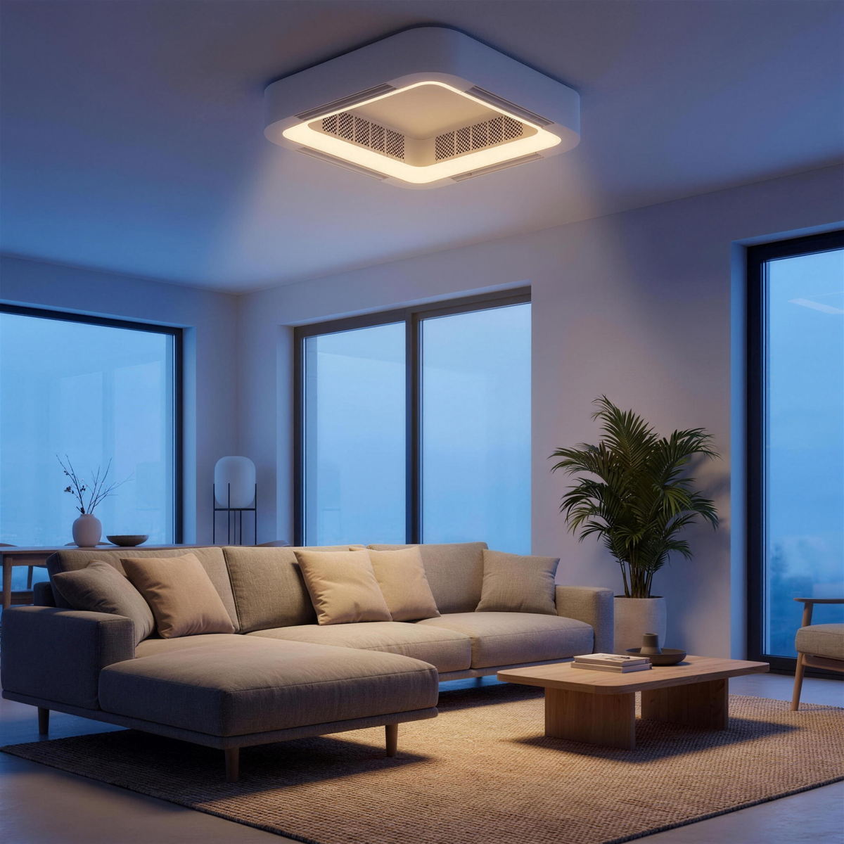 Aeris ceiling fan in a low ceiling living room at blue hour