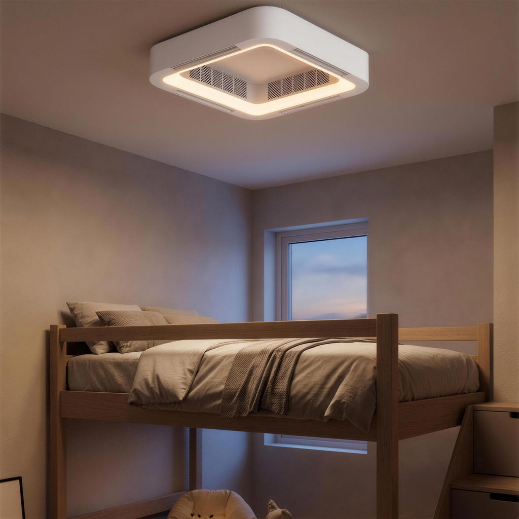 Aeris ceiling fan above a loft bed in the evening