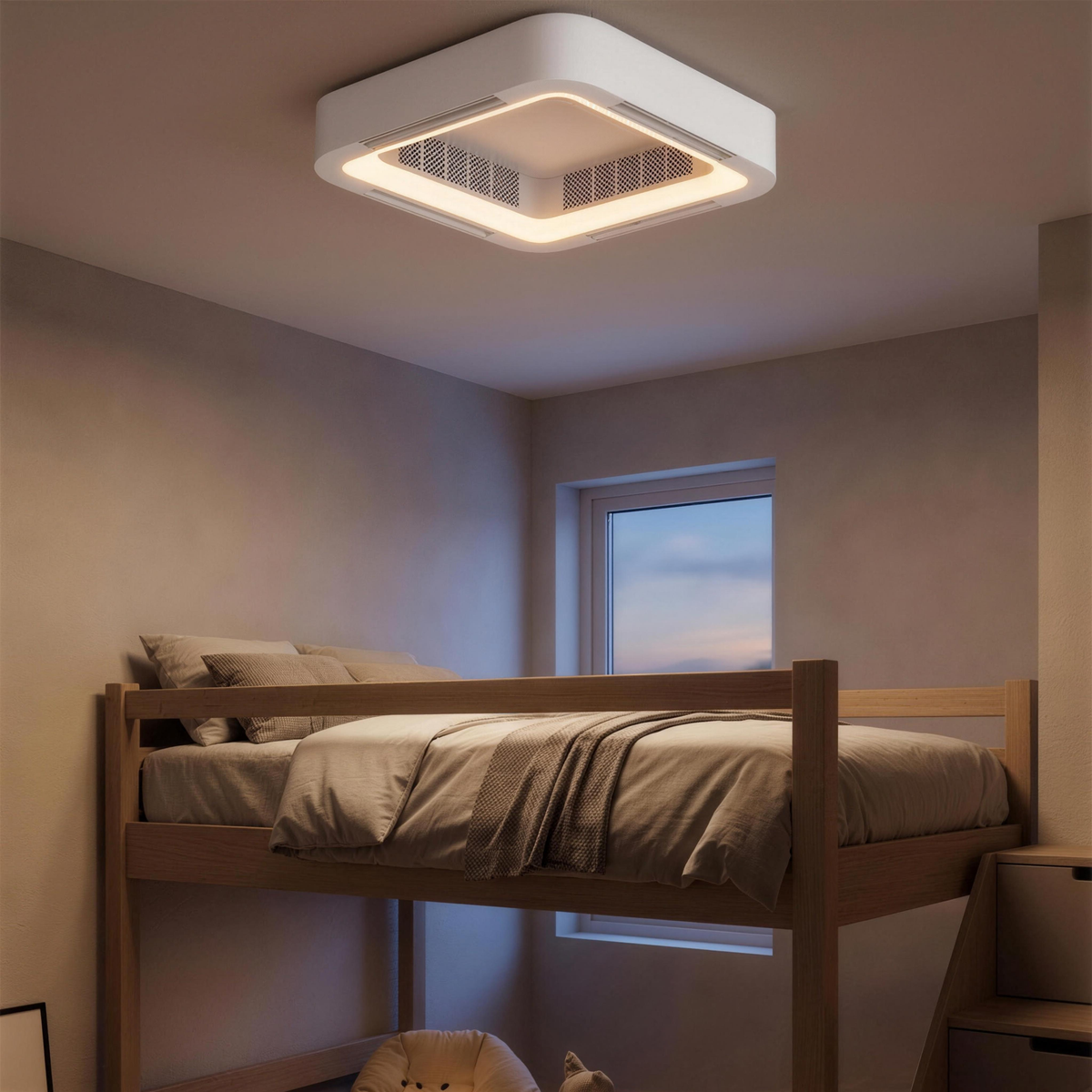 Aeris ceiling fan above a loft bed in the evening