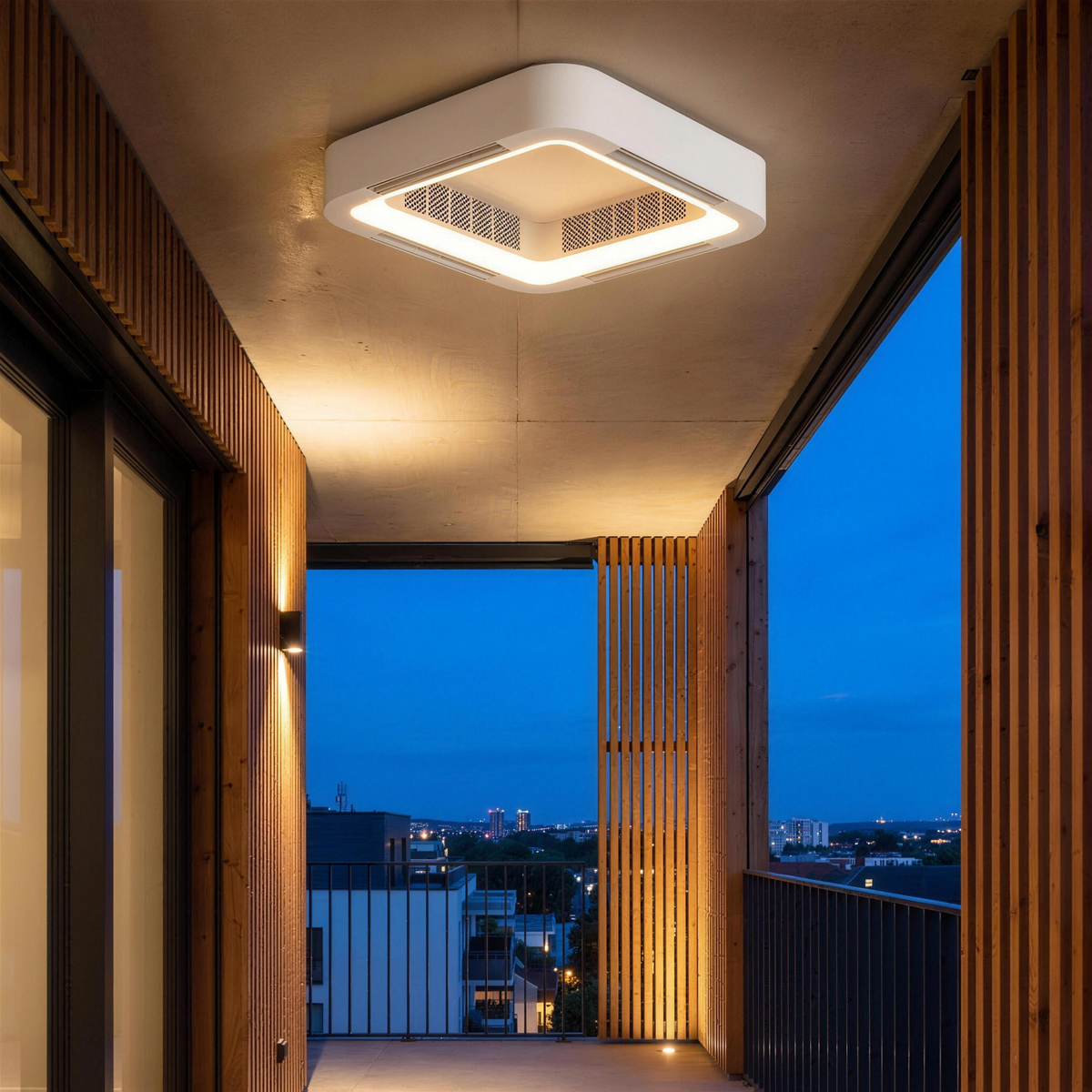 Aeris ceiling fan on a covered balcony at dusk
