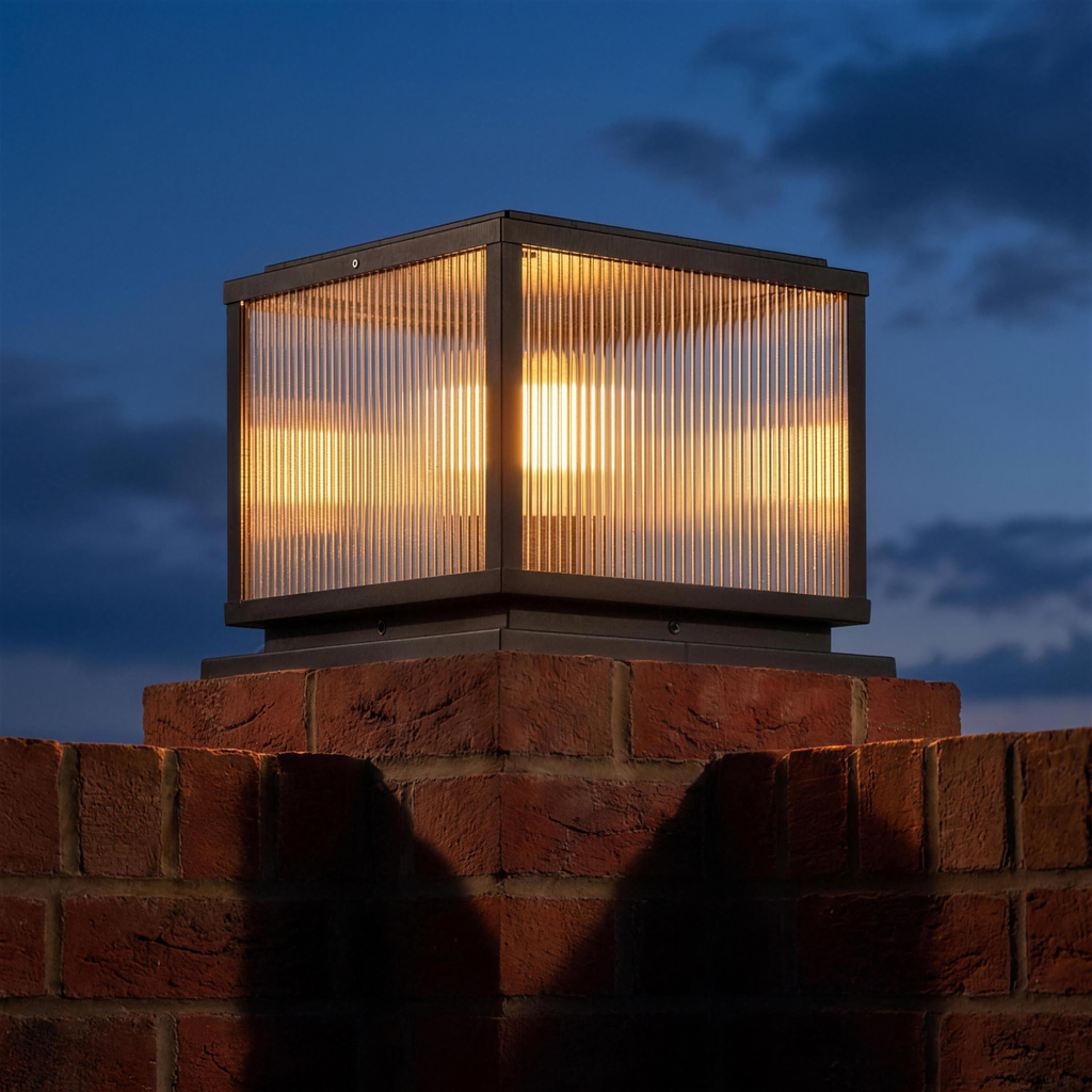 Cassia pillar light on a brick gate pillar at dusk