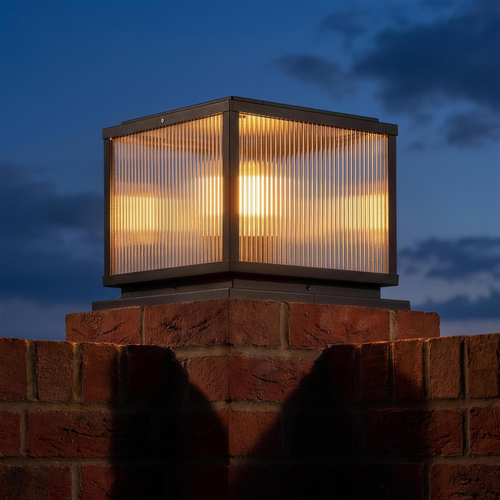 Cassia pillar light on a brick gate pillar at dusk