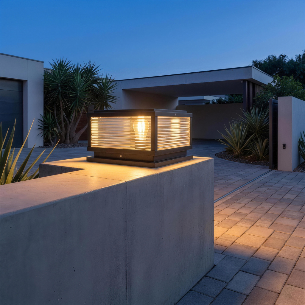 Cassia pillar light on a concrete driveway pillar at blue hour