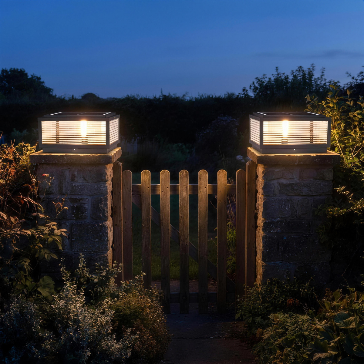Cassia pillar lights flanking a garden gate at dusk