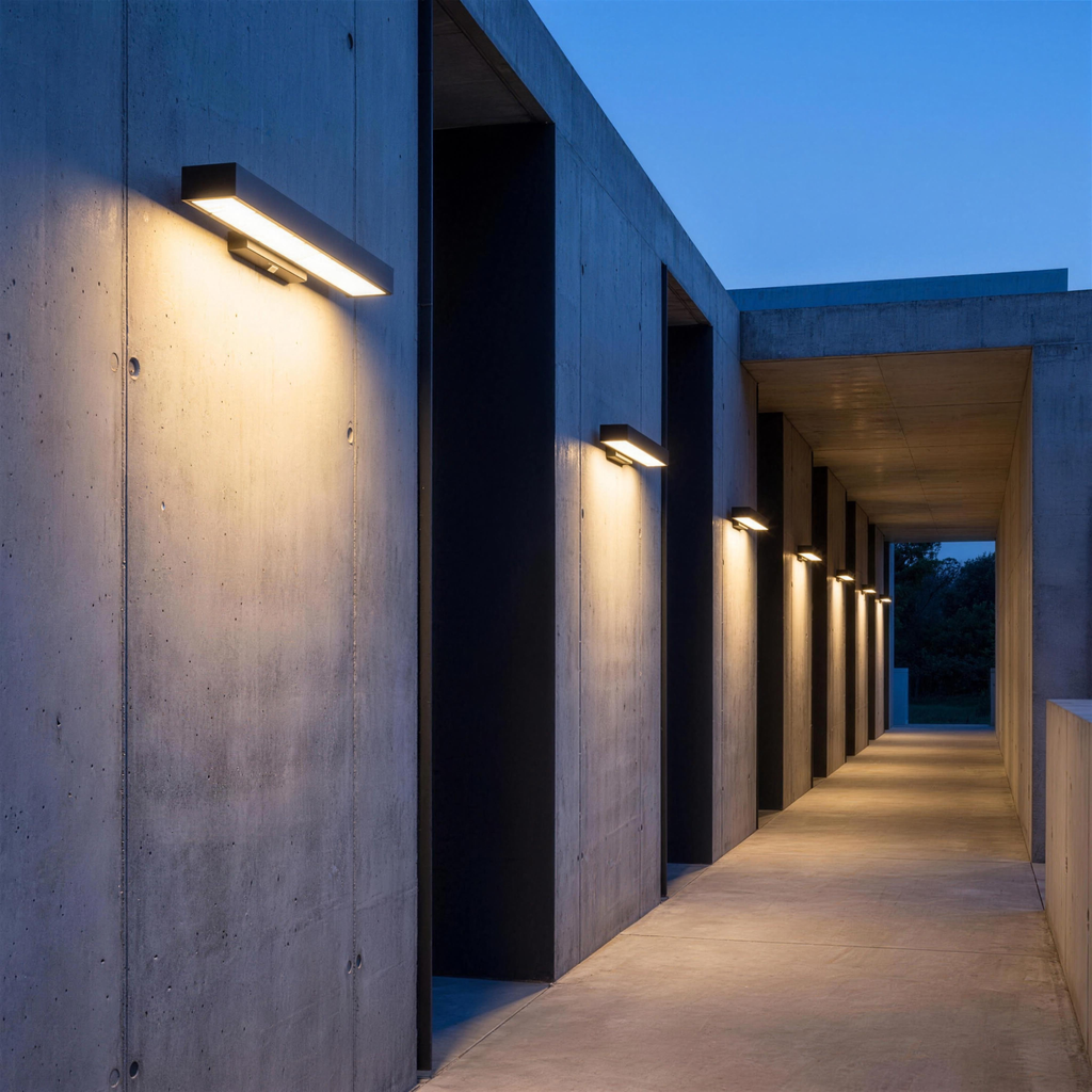 Vantia wall lights along an exterior corridor at blue hour