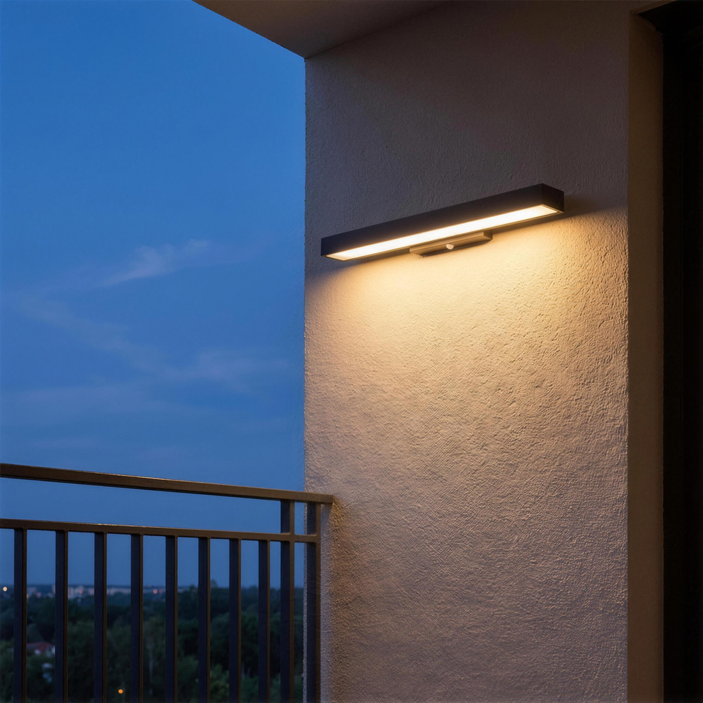 Vantia wall light on a balcony wall at dusk