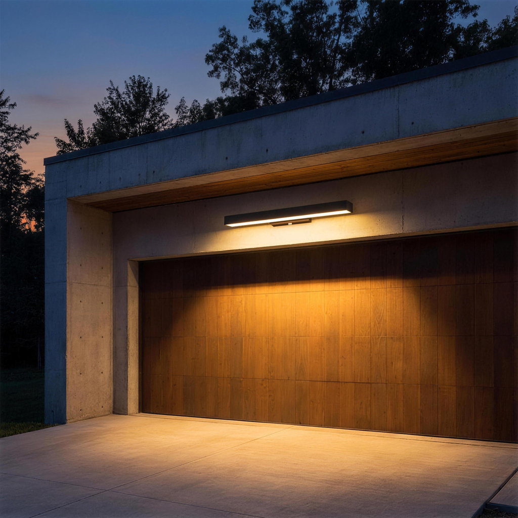 Vantia wall light above a garage entrance at dusk