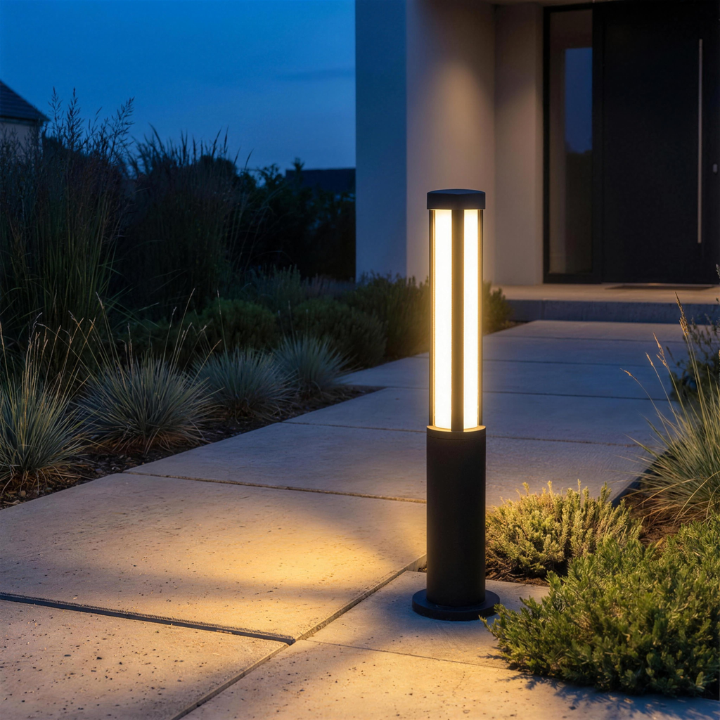 Nordal bollard light beside a modern entrance walkway at dusk