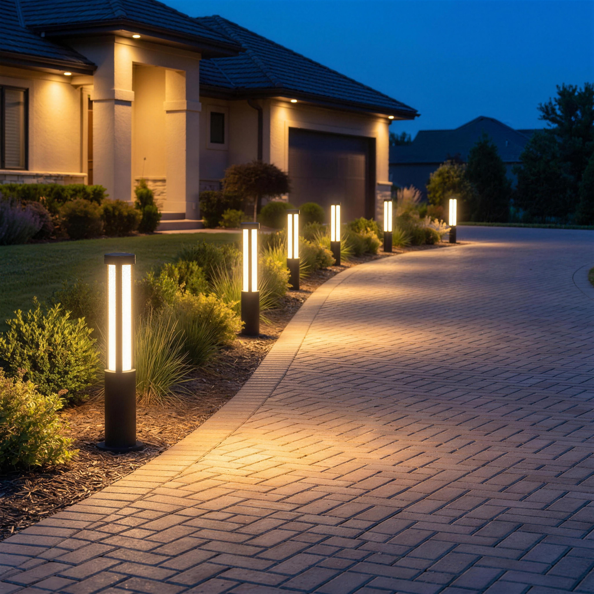 Nordal bollard lights lining a residential driveway at blue hour