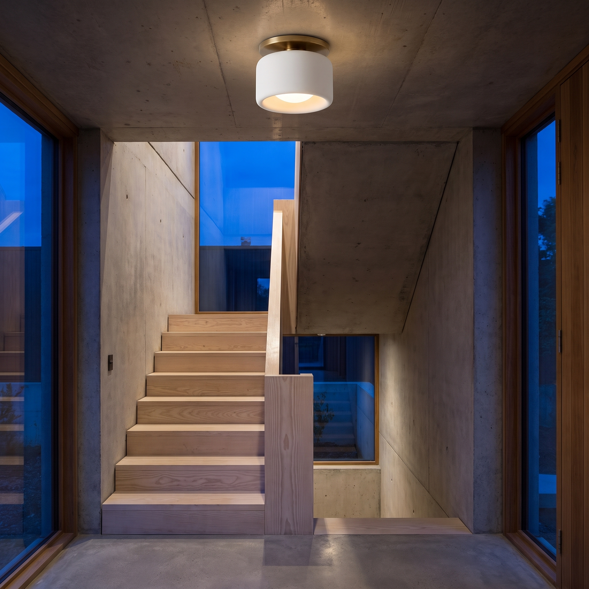 Perla flush mount ceiling light in an entryway at dusk