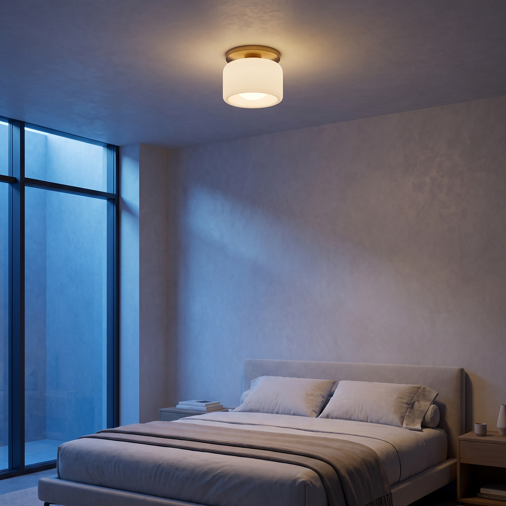 Perla flush mount ceiling light in a bedroom at dusk