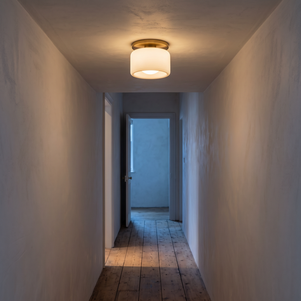 Perla flush mount ceiling light in a hallway at dusk