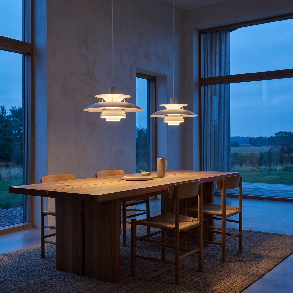 Two Halden pendant lights over a dining table