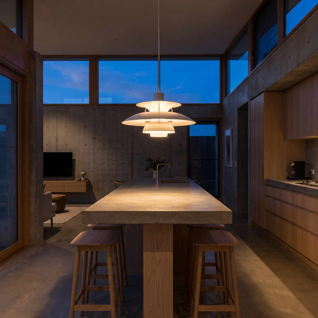 Halden pendant light above a breakfast bar at dusk