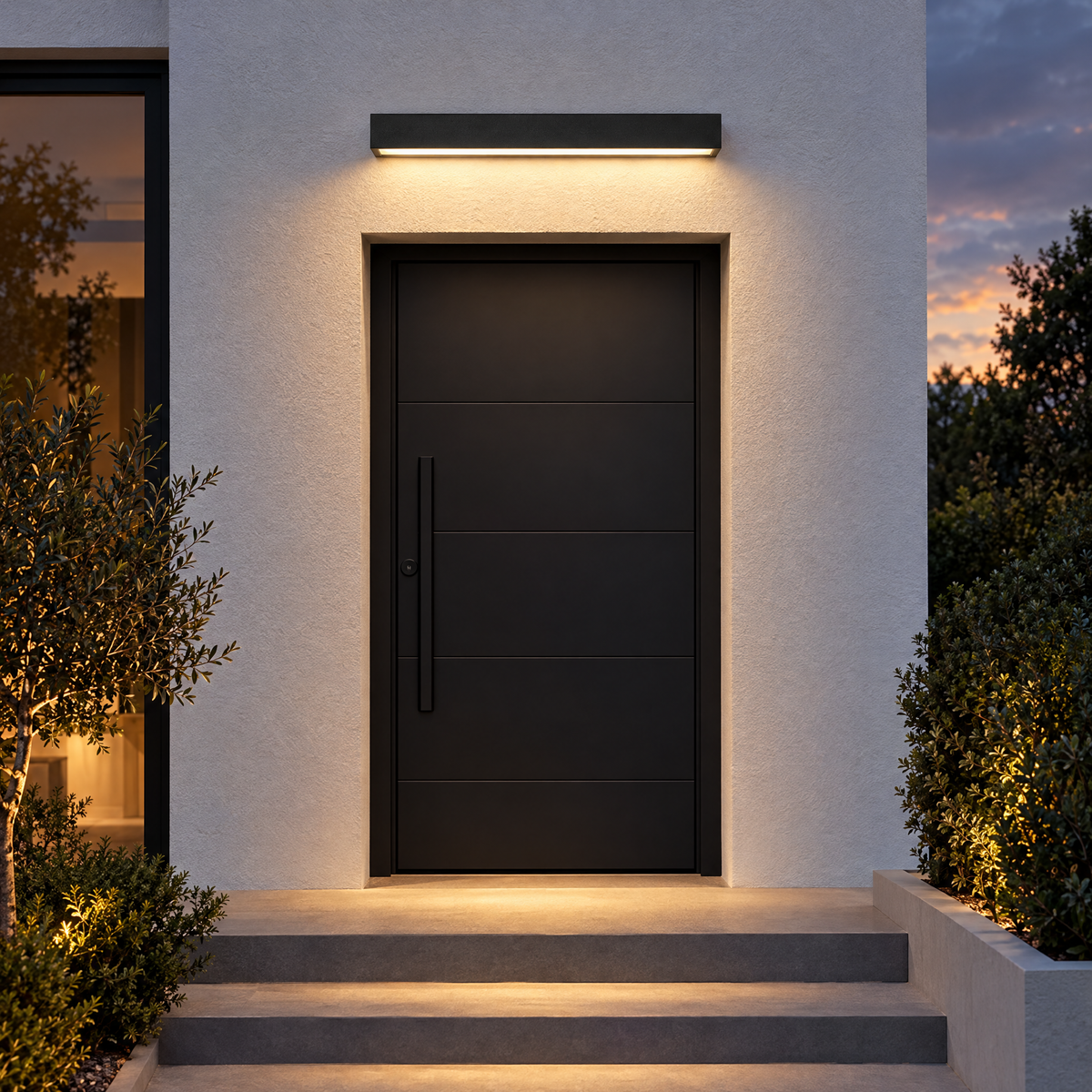 Black linear LED outdoor wall light above modern front door