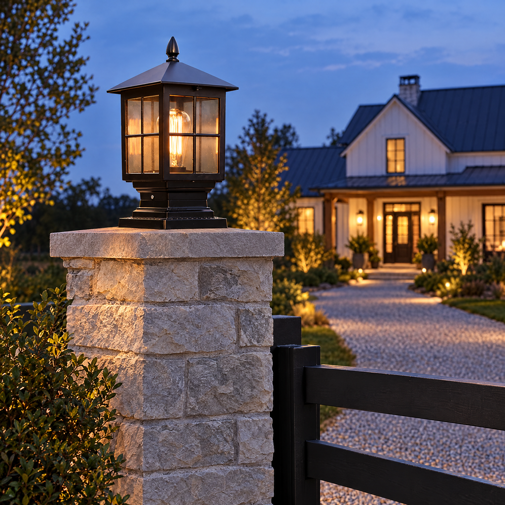 Black outdoor pillar light on stone gate pillar at driveway entrance