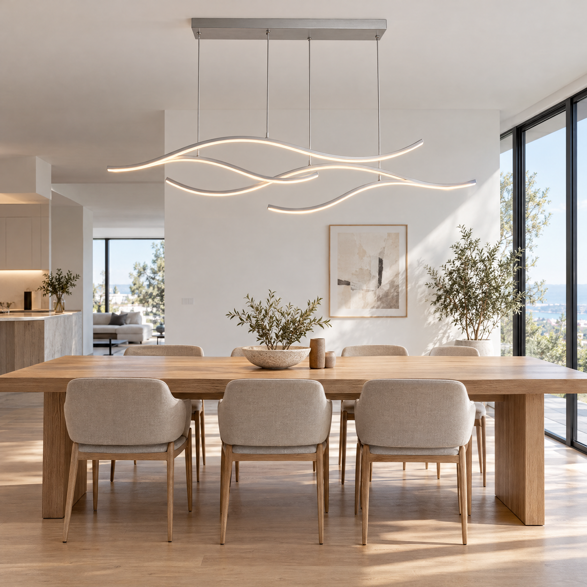 Wavy LED pendant light over long oak dining table