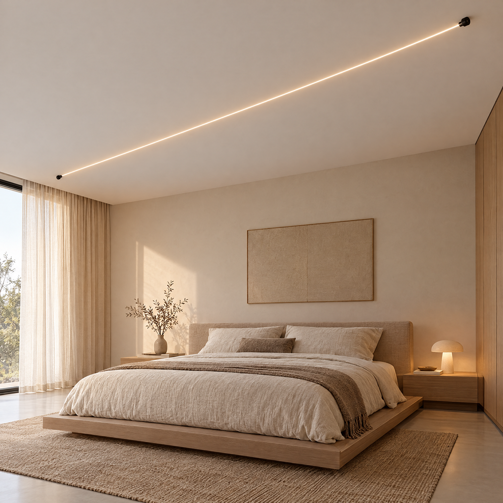 Skyline LED linear light across bedroom ceiling