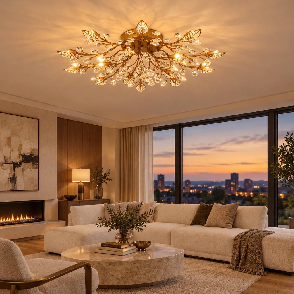 Antique brass branch crystal chandelier on a living room ceiling