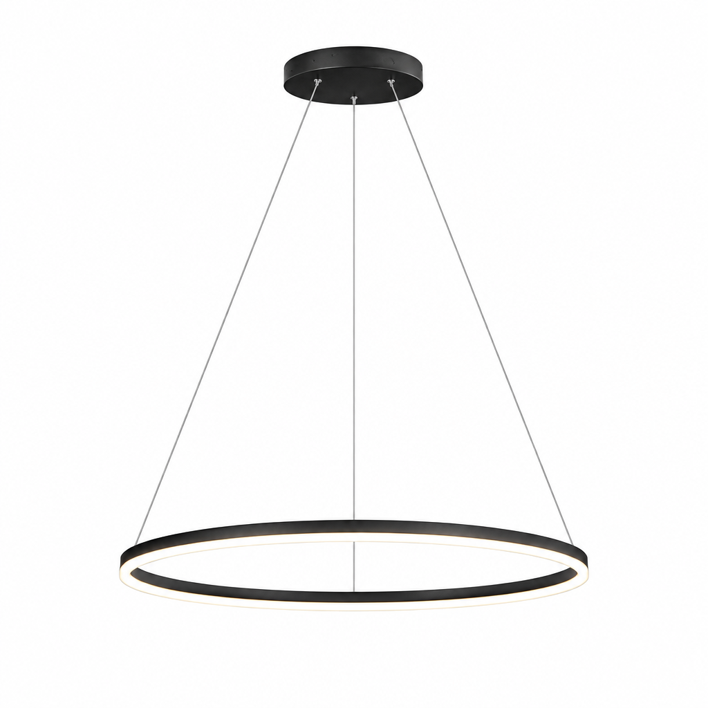 Black modern round LED ring chandelier on white background