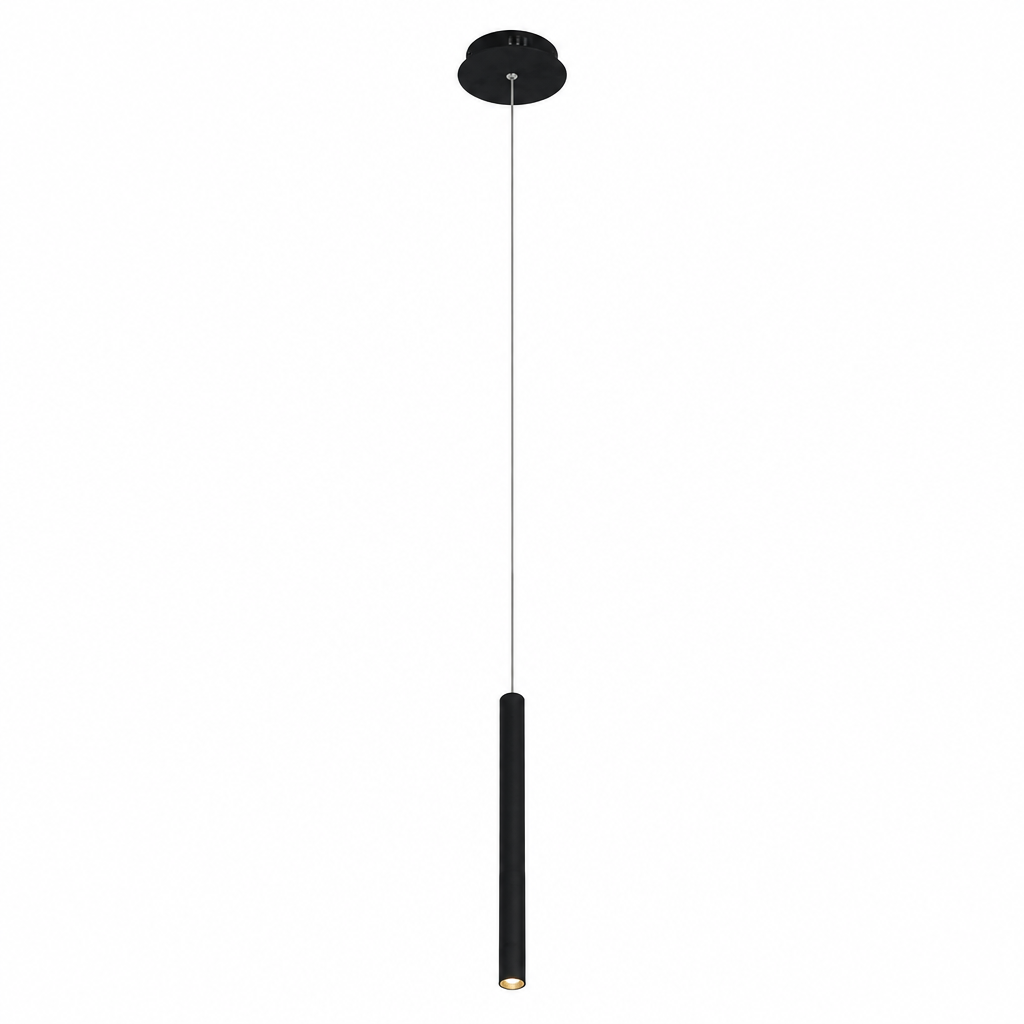 Black thin cylinder LED pendant light on white background