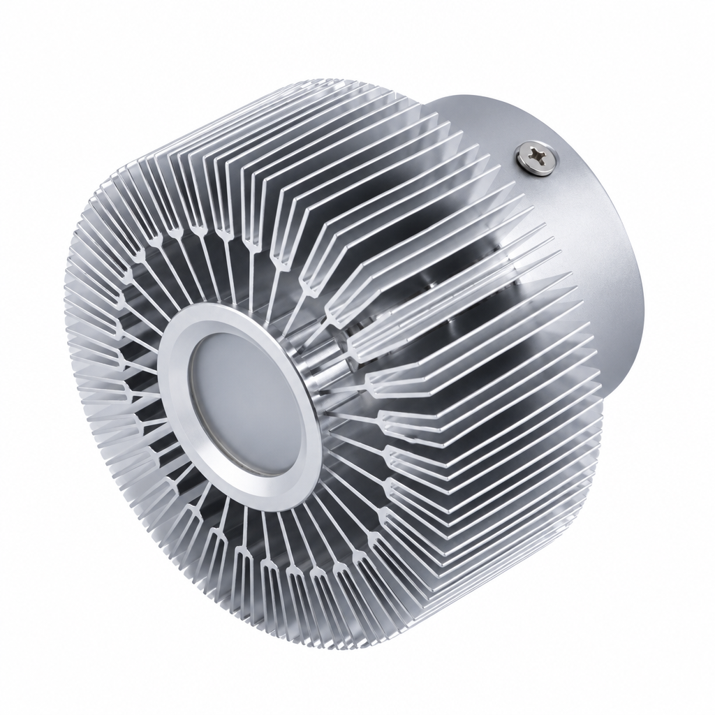 Silver sunburst LED ceiling light with radiating fins on white background